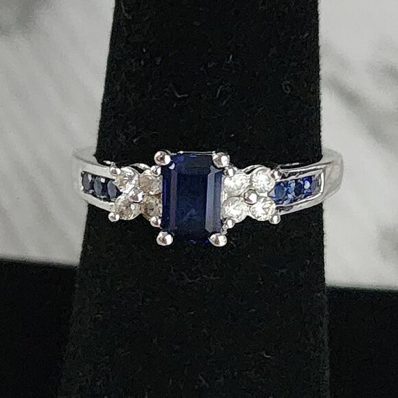 Stamped 925 Sterling Silver Deep Blue Sapphire Faux Diamond Ring - Picture 2 of 9
